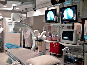 GE LCV+ Angio Room with closer front view of the Modalixx G202MG LCDs on ceiling suspension